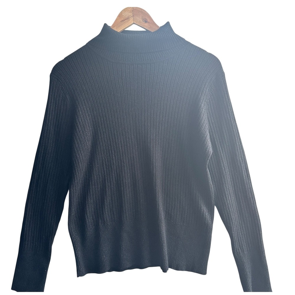 Raisey Sweater Black Sparkle Ribbed Knit Mock Neck Classic Large Normcore Casual